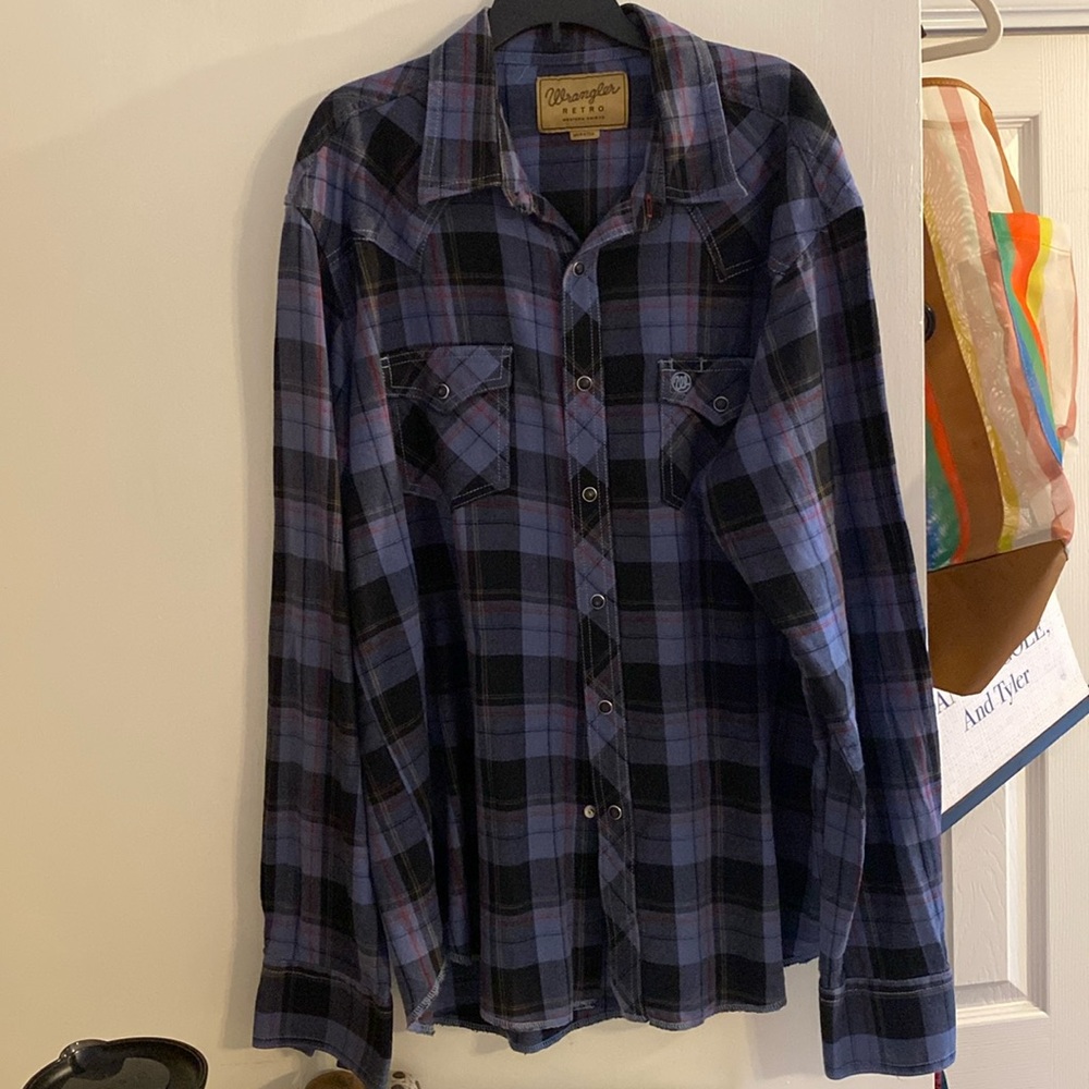 Retro wrangler pearl snap flannel plaid blue XL